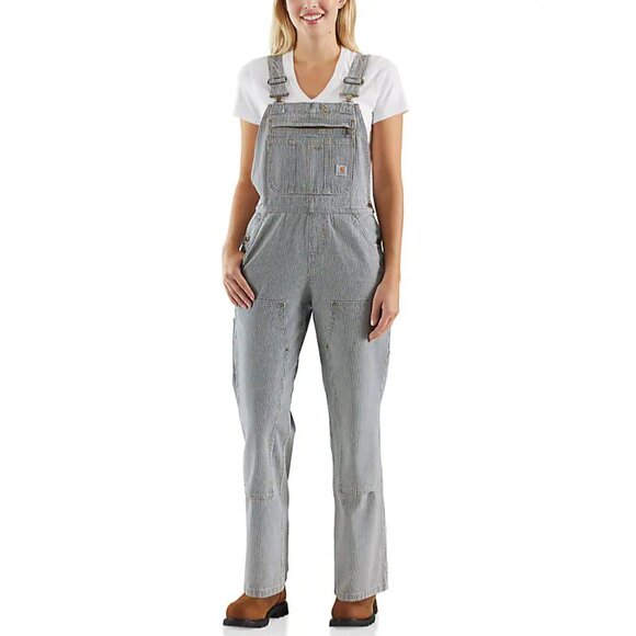 Carhartt Railroad Stripe Denim Bib Overall Womens Medium - Picture 1 of 9